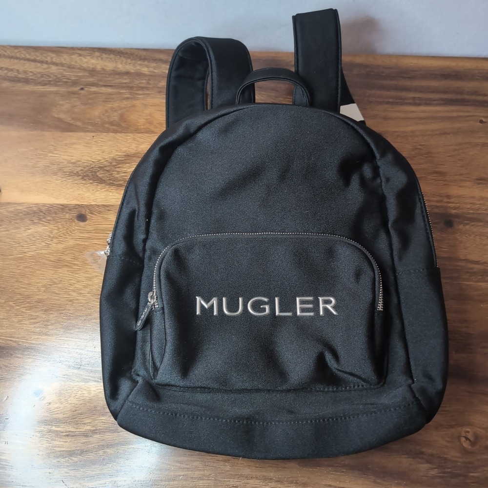 Mugler Parfums Black Mini Backpack Silver Star Logo Satin Finish Blue Lining